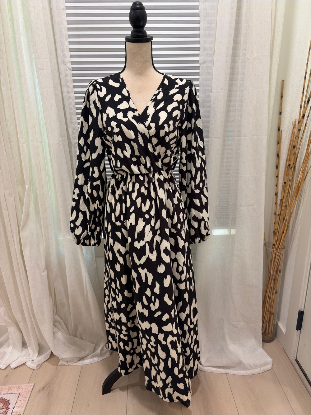Black and Cream Printed Long-Sleeve Wrap Maxi Dress